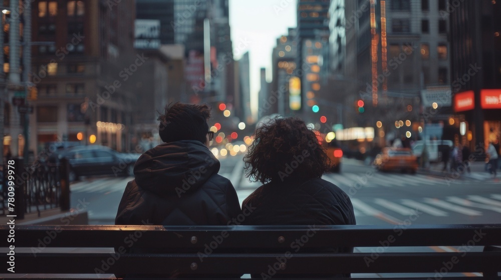 Two people sit on a bench facing away from the camera taking in the view of a busy intersection and the towering buildings that surround . .
