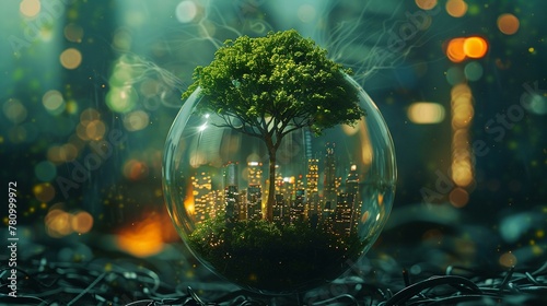 A lush tree sprouts from a city within a globe, a symbol of ESG commitment