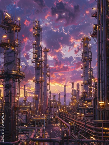 Dusk colors over industrial refinery complex - A sprawling industrial refinery with towering structures against a twilight sky peppered with vibrant clouds photo