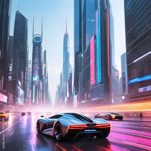 Imagine a futuristic cityscape bustling with hovercars, neon lights, and towering skyscrapers. photo