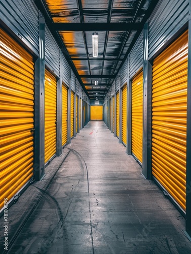 Vibrant orange self-storage corridor with curve - A striking image of a vibrant orange self-storage corridor curving into the distance, depicting modernity and clear direction photo