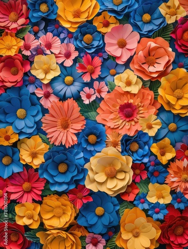 Vibrant Paper Flowers in a Colorful Array - A vibrant display of handcrafted paper flowers in various colors and sizes, showcasing creativity and handiwork © Tida