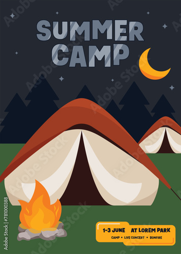 Summer camping poster template design at night decorative with tent, bonfire, mountain view flat design © thenatchdl