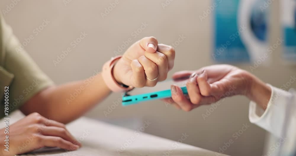 Hands, smart watch and payment with pos for customer at pharmacy for healthcare, service or product. People, easy transaction and banking at point of sale with machine, fintech and discount at clinic
