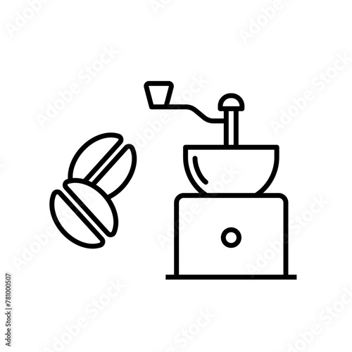 Coffee beans and grinder icon. Black color outline icon on white background.