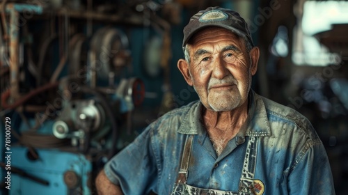 A portrait of a machinist with a weathered face and hands wearing a faded shirt with the emblem of his trade. The subtle smile on his face exudes pride and satisfaction in a job well .