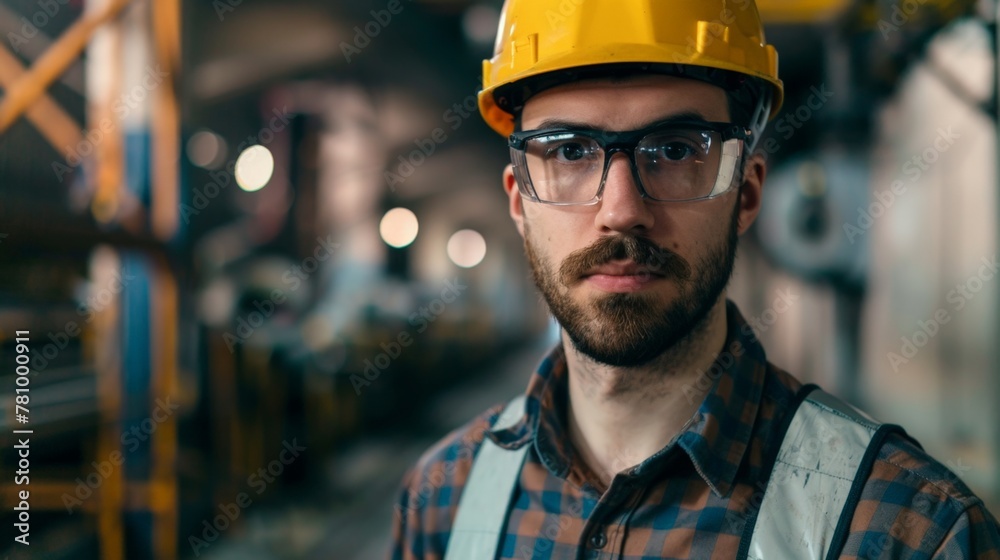 Man in factory with hard hat and glasses Man in factory with hard hat and glasses