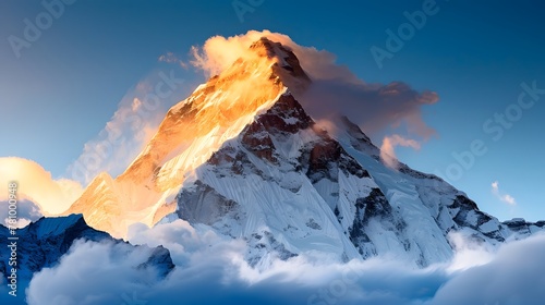 Photo of K2 mountain peak in the Himalayas. clouds swirling around it during golden hour lighting against a blue sky background. For skincare, beauty, e-commerce, Cover, Poster, Banner, PPT, KV desig