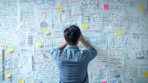 A strategic problemsolver standing in front of a whiteboard covered in diagrams and notes deep in thought as they craft a plan to navigate their company through a difficult period. . photo