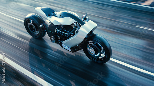 White self-driving motorcycle running on the road with speed blur effect. Concept of AI technology and transportation.