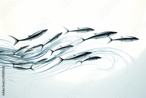Elegant sardine shoal forming mesmerizing patterns in the open ocean, isolated on white solid background