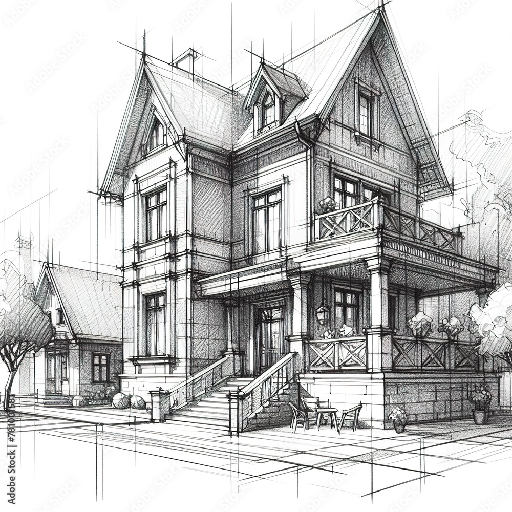 Old house rustic sketch blueprint art concept architecture drawing