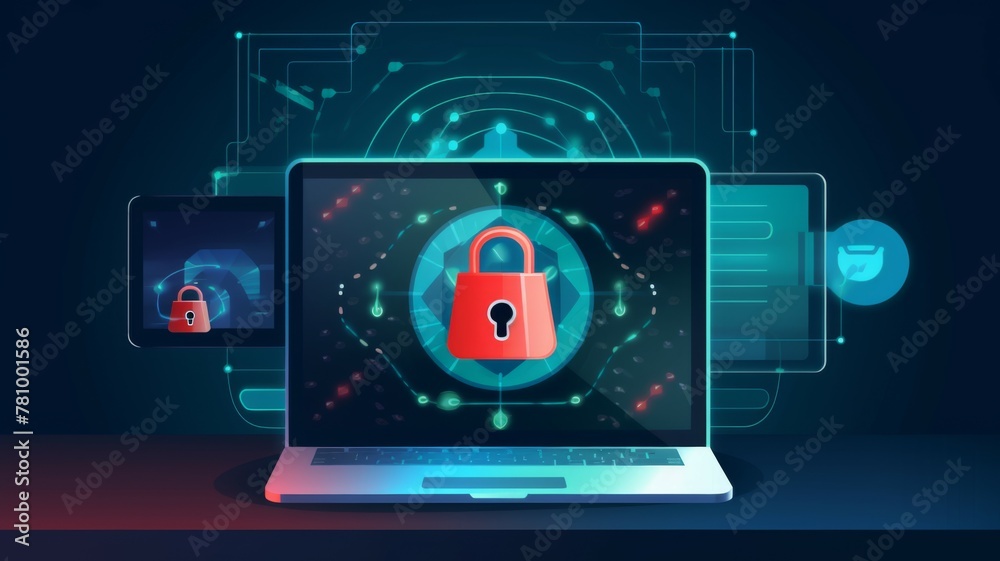 Obraz premium Laptop with advanced security system concept art - An illustration of a laptop with advanced red security system lock highlighted by digital graphics