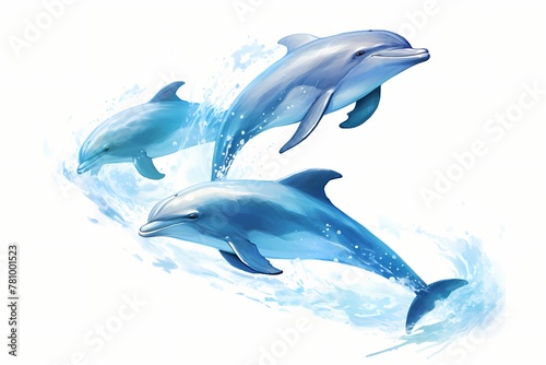 Graceful dolphins dancing in synchronized harmony  isolated on white solid background
