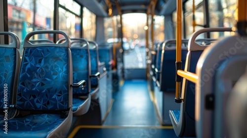 A closeup shot of the inside of a biofuelpowered city bus with rows of comfortable seats and clean spacious aisles. The windows allow natural light to flood in creating a pleasant . photo