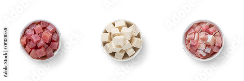 Overhead view of side dish of Raw Tofu and Tuna Yellowtail ingredients. Image with clipping PATH © bartsadowski