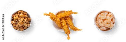 Overhead view of Chicken Teriyaki Tempura Shrimp and Boiled Shrimp with clipping PATH