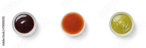 Overhead view of side dish of Poke bowl sauces with clipping PATH