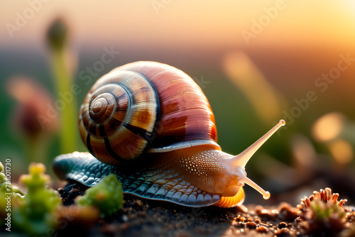 Macro photo of a snail, the sun shines from the back, the snail crawls on the ground, photography material