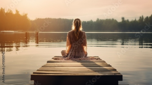 Woman meditating by a tranquil lake - In a moment of tranquility, a woman meditates by a calm lake during a golden sunset, enveloped in the serenity of nature photo