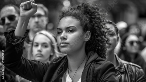 In a candid moment a portrait captures the passion and conviction of a lawyer as she passionately addresses a crowd her fist raised in solidarity for the fight for rights. . © Justlight