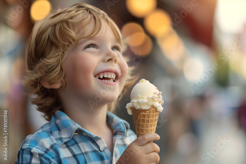 Joyful young boy with a big smile holding an ice cream cone on a sunny day