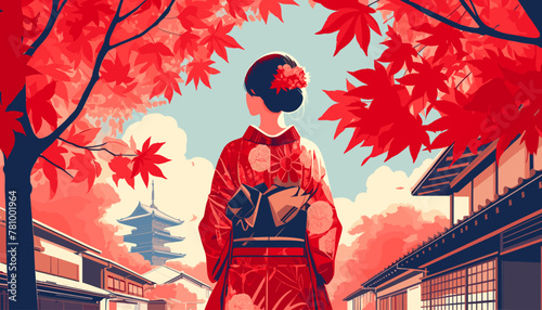 Concept of Kyoto in the autumn leaves. Vector illustration.