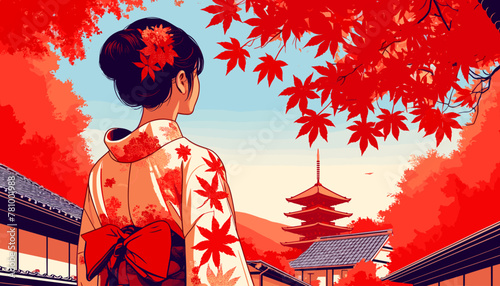 Concept of Kyoto in the autumn leaves. Vector illustration.