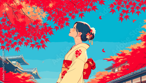 Concept of Kyoto in the autumn leaves. Vector illustration.