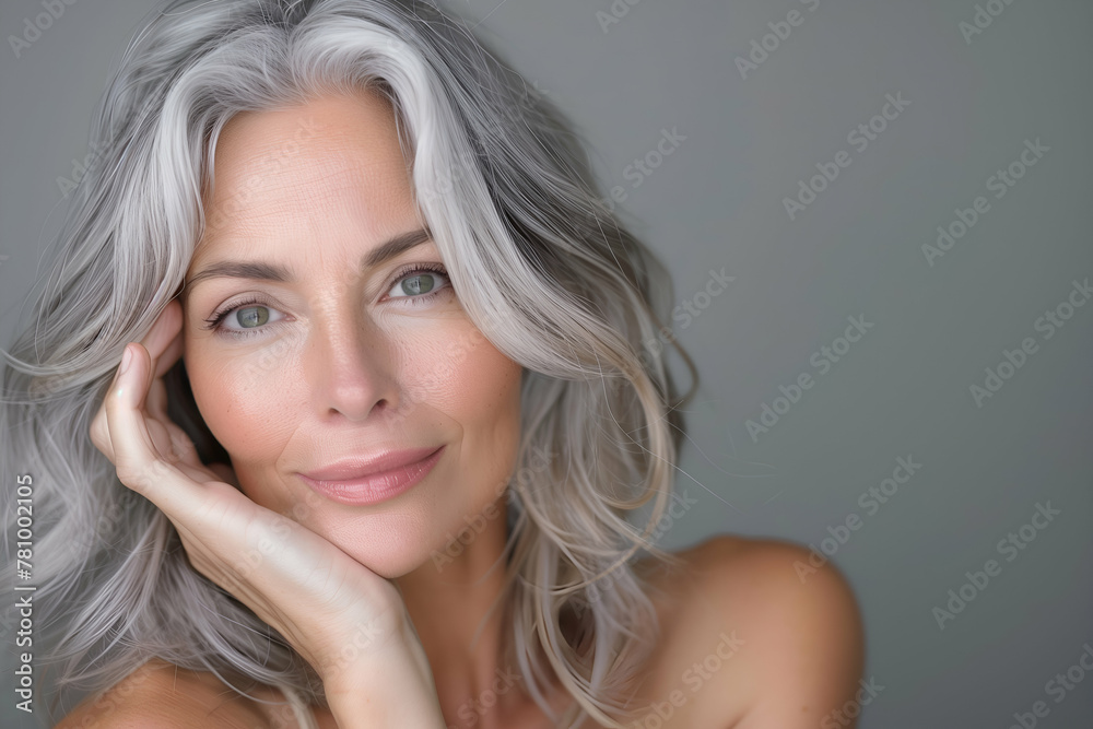 Close-up of a mature woman with a gentle smile and elegant gray hair