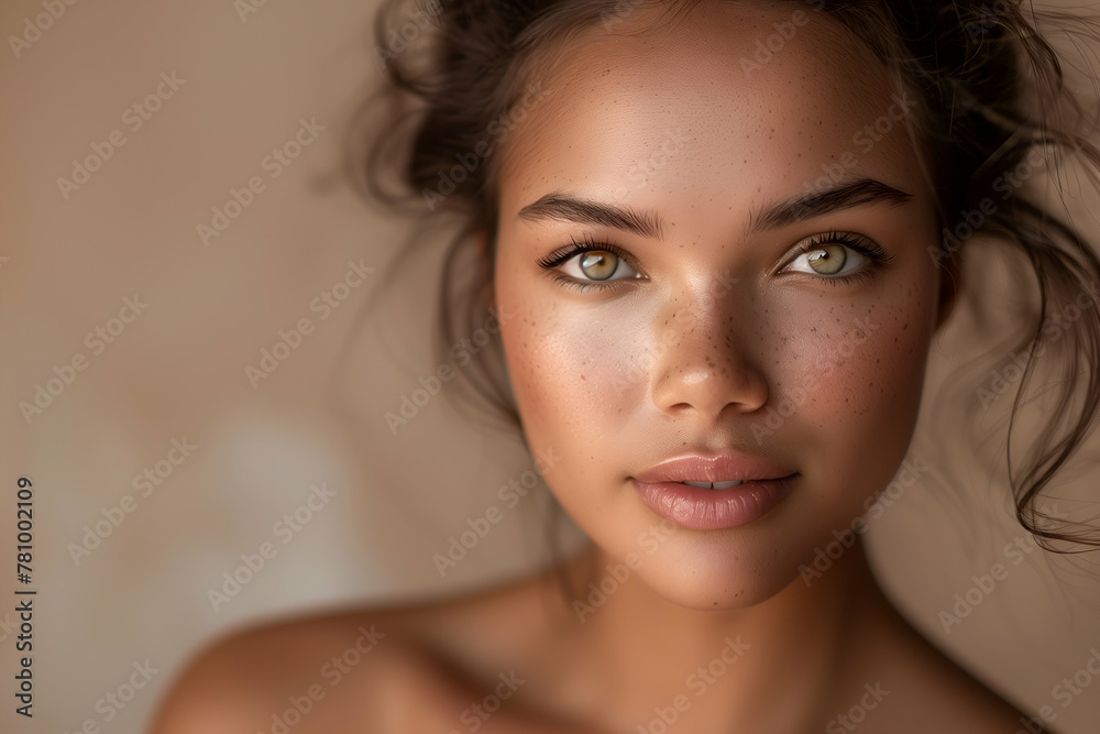 Naklejka premium Portrait of a serene young woman with natural freckles in a close-up shot