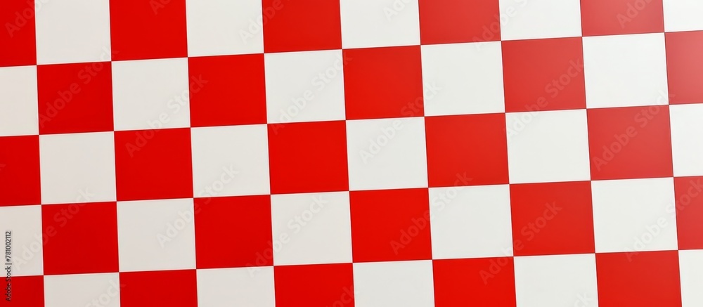 Close-up of a vibrant red and white checkered patterned wall featuring a classic clock hanging on it Close-up of a vibrant red and white checkered patterned wall featuring a classic clock hanging on it