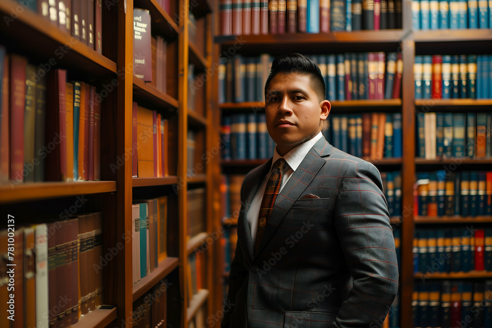 Well-dressed man stands assuredly in a library with bookshelves in the background Well-dressed man stands assuredly in a library with bookshelves in the background