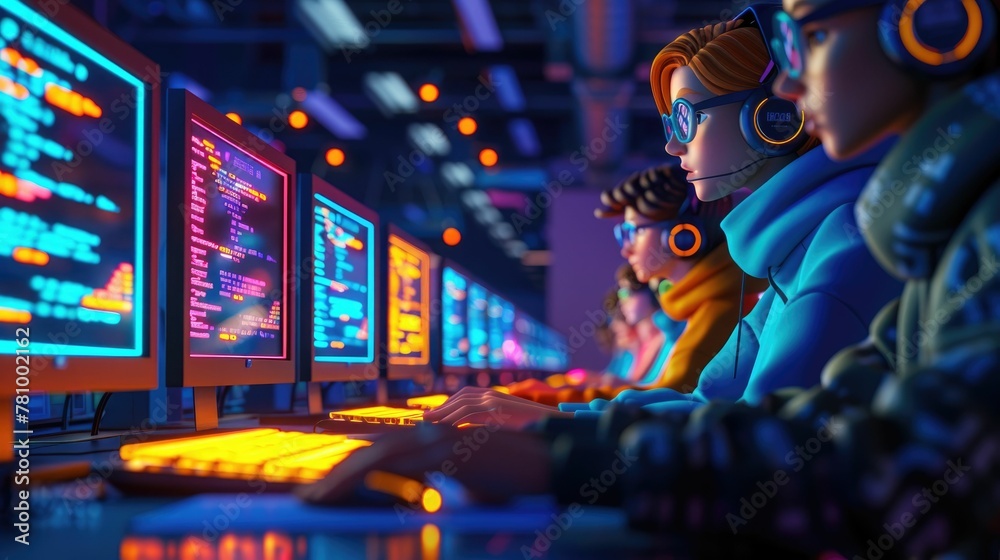 Coding Cartoon Intense Coding marathon event brought to life in 3D cartoon style, highlighting ...