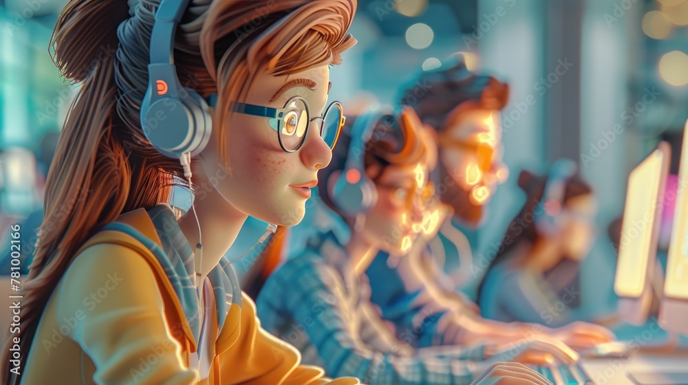 Coding marathon event brought to life in 3D cartoon style, highlighting teamwork and intense focus on innovation Coding marathon event brought to life in 3D cartoon style, highlighting teamwork and intense focus on innovation