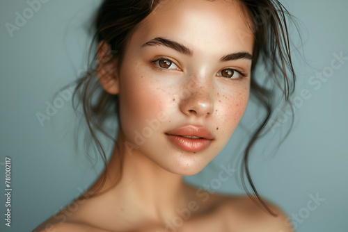 Close-up of a young woman with natural freckles, soft gaze, and tousled hair