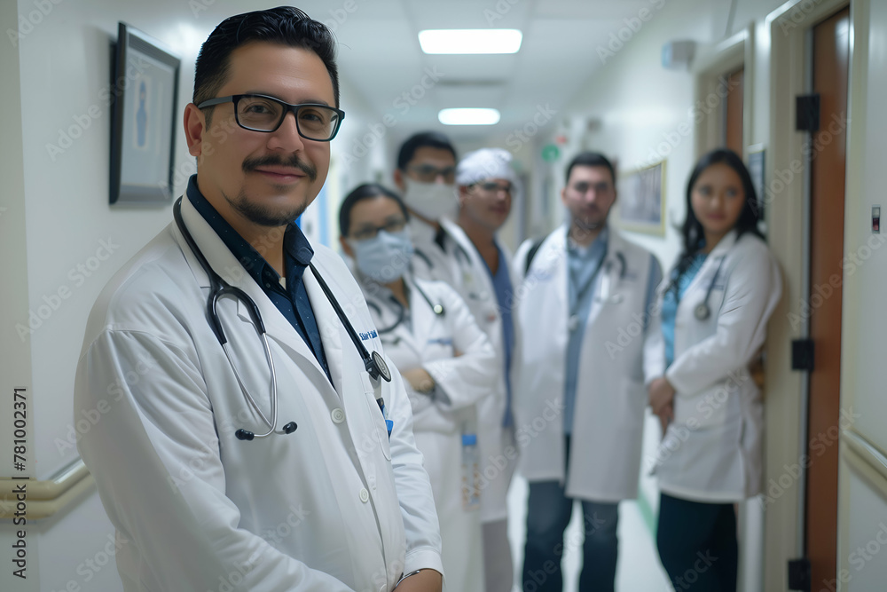 Smiling doctor in foreground with dedicated medical staff team standing in hospital hallway Smiling doctor in foreground with dedicated medical staff team standing in hospital hallway