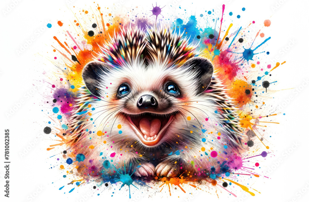 Colourful watercolor painting of a cute laughing hedgehog, textured white paper background, bold splashes of color Colourful watercolor painting of a cute laughing hedgehog, textured white paper background, bold splashes of color