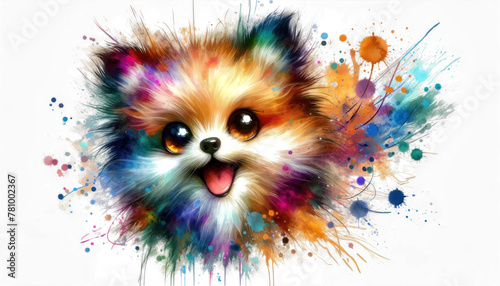 Colorful watercolor painting of a cute laughing dog, textured white paper background, bold splashes of color