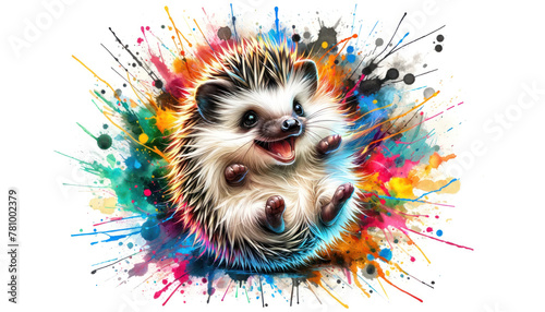 Colourful watercolor painting of a cute laughing hedgehog, textured white paper background, bold splashes of color