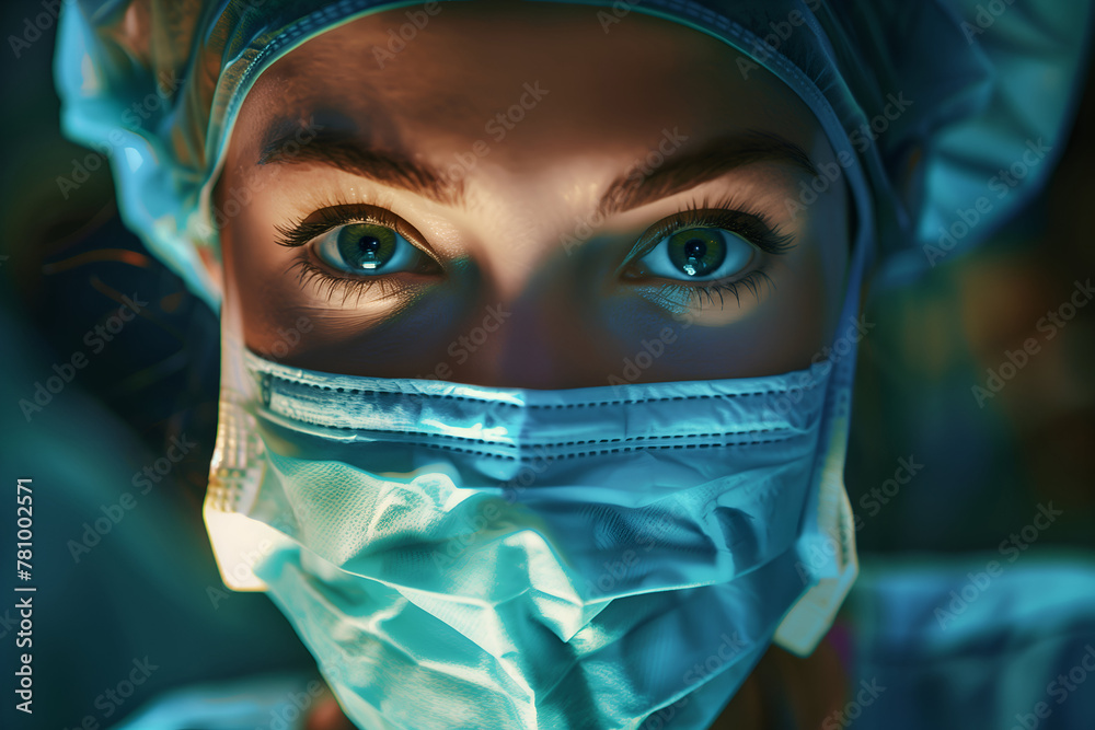 Close-up of a surgeon's focused eyes in mask and cap, illuminated by surgical lights
