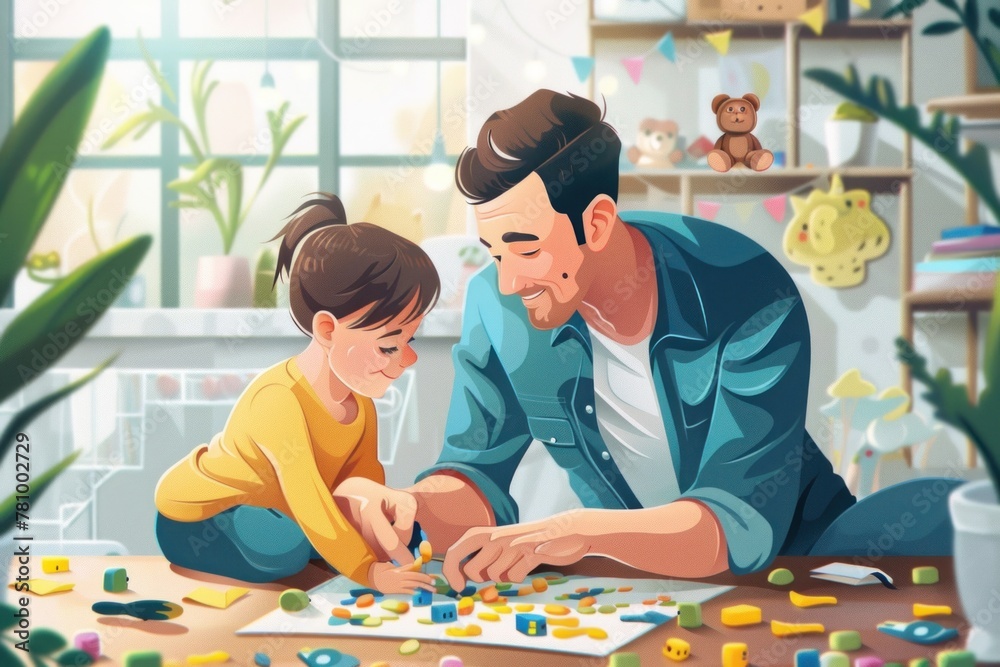 Fototapeta premium Father's Day greeting card design flat illustration, A man and a little girl are playing with blocks.