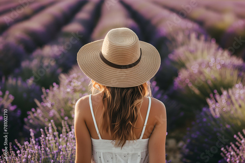 Woman in a straw hat admiring the peaceful lavender fields during sunset