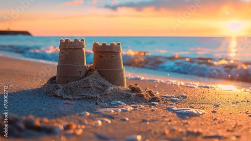 A sand castle is built on the beach with the sun shining on it. photo