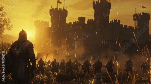 The sun sets behind the towering castle walls casting a golden glow over the battlefield. The knights now facing away from the camera . . photo