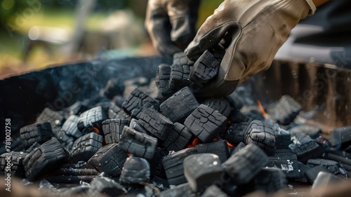 Close-up of gloved hands arranging charcoal briquettes on grill