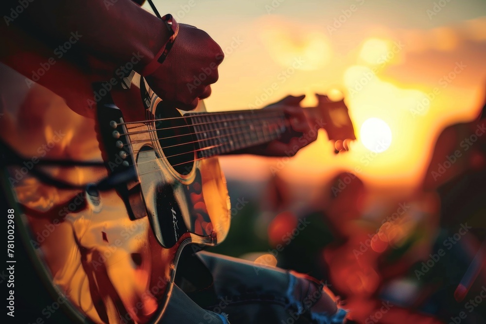 Obraz premium A man is playing a guitar with his hand on the neck.