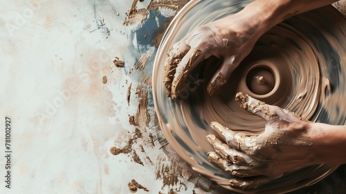 A close-up of a person's hands molding clay on a pottery wheel
