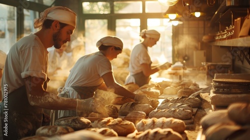 A group of bakers each with a different task work together in the bustling kitchen of a local bakery. The early morning sun streams through the windows illuminating their faces as . photo