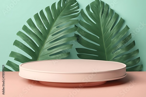 Retro podium for products ads with tropical leaf Illustration Minimal concept Generative AI